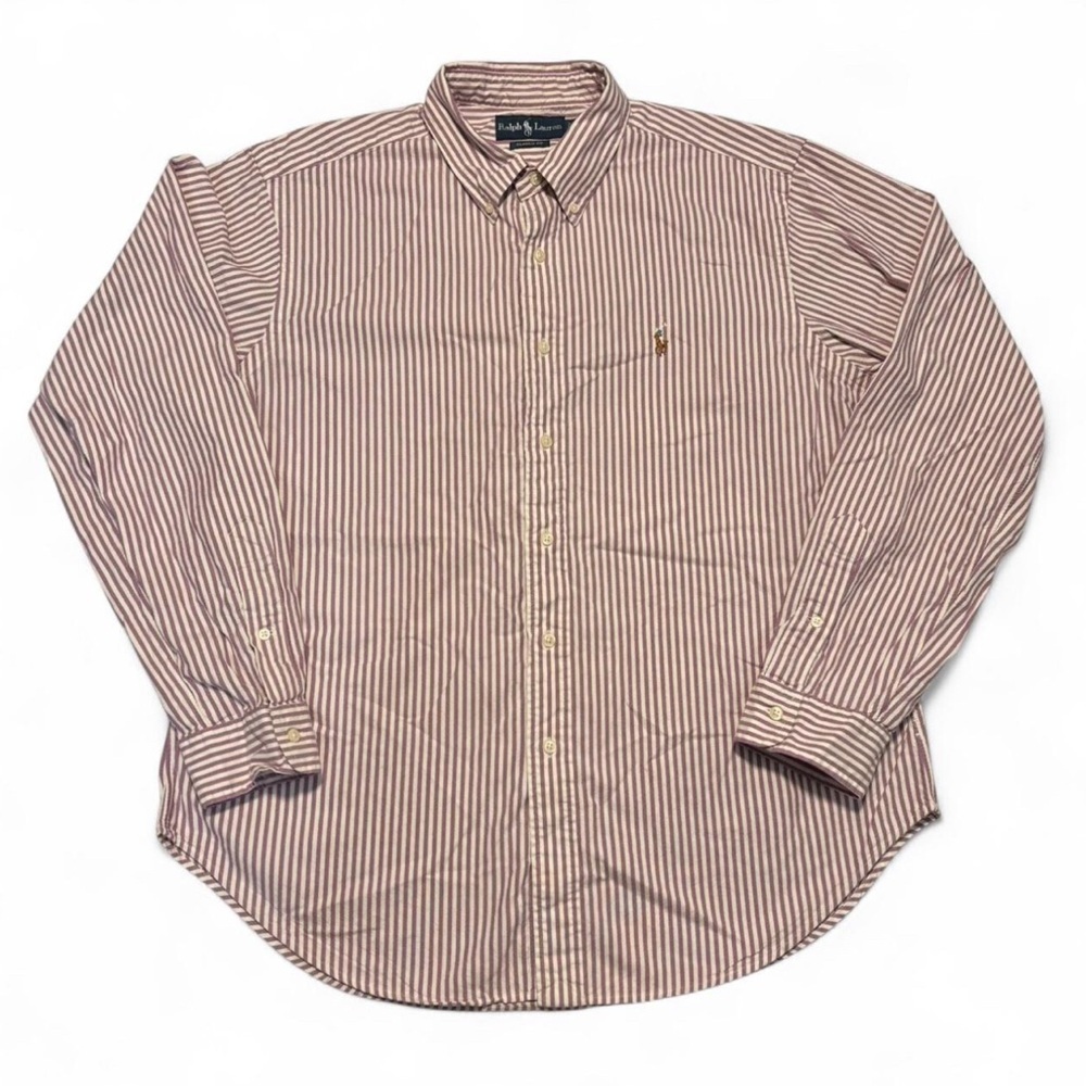 VTG Ralph Lauren Shirt XL Classic Fit Burgundy White Stripe Button Down Cotton